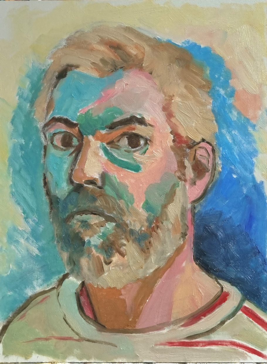 Zelfportret naar Henri Matisse 'Self-Portret with Striped T-Shirt' uit 1906;
Olieverf of canvaspaneel, 30x40 cm, 2026.