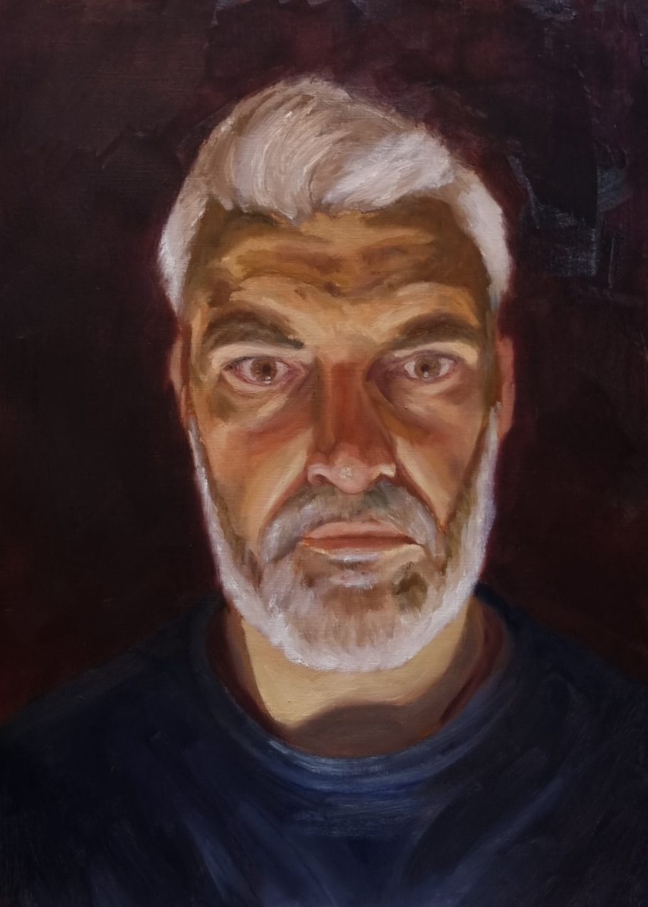 Zelfportret, studie in licht, 2025
Olieverf op schilderpapier, 40x32 cm